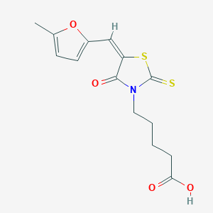 molecular formula C14H15NO4S2 B7850075 5-[(5E)-5-[(5-methylfuran-2-yl)methylidene]-4-oxo-2-sulfanylidene-1,3-thiazolidin-3-yl]pentanoic acid 