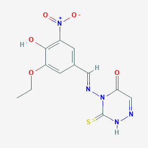 molecular formula C12H11N5O5S B7850476 4-[(E)-(3-ethoxy-4-hydroxy-5-nitrophenyl)methylideneamino]-3-sulfanylidene-2H-1,2,4-triazin-5-one 