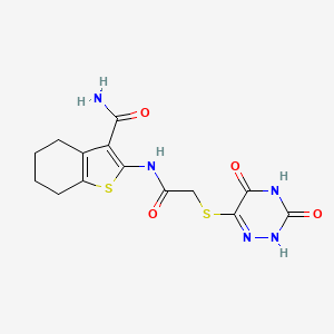 molecular formula C14H15N5O4S2 B7850626 2-[[2-[(3,5-dioxo-2H-1,2,4-triazin-6-yl)sulfanyl]acetyl]amino]-4,5,6,7-tetrahydro-1-benzothiophene-3-carboxamide 