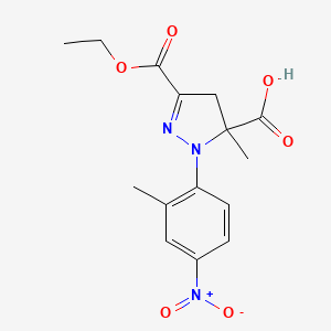 molecular formula C15H17N3O6 B7856046 3-(Ethoxycarbonyl)-5-methyl-1-(2-methyl-4-nitrophenyl)-4,5-dihydro-1H-pyrazole-5-carboxylic acid 