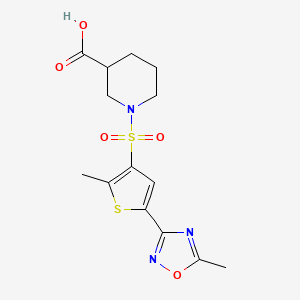 molecular formula C14H17N3O5S2 B7875613 1-{[2-Methyl-5-(5-methyl-1,2,4-oxadiazol-3-yl)thien-3-yl]sulfonyl}piperidine-3-carboxylic acid 