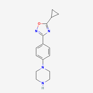 molecular formula C15H18N4O B7876314 5-Cyclopropyl-3-(4-piperazinophenyl)-1,2,4-oxadiazole 