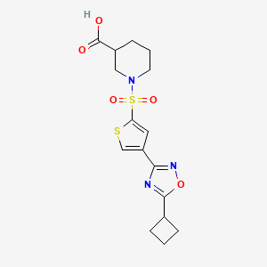 molecular formula C16H19N3O5S2 B7878573 1-((4-(5-Cyclobutyl-1,2,4-oxadiazol-3-yl)thiophen-2-yl)sulfonyl)piperidine-3-carboxylic acid 