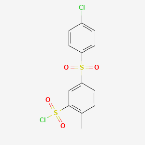 molecular formula C13H10Cl2O4S2 B7878819 5-(4-Chlorophenyl)sulfonyl-2-methylbenzenesulfonyl chloride 