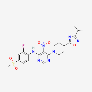 molecular formula C21H24FN7O5S B7887023 N-(2-Fluoro-4-(methylsulfonyl)phenyl)-6-(4-(3-isopropyl-1,2,4-oxadiazol-5-yl)piperidin-1-yl)-5-nitropyrimidin-4-amine CAS No. 898528-64-8