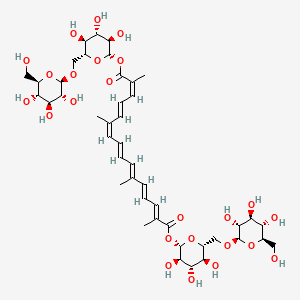 molecular formula C44H64O24 B7888137 bis[(2S,3R,4S,5S,6R)-3,4,5-trihydroxy-6-[[(2R,3R,4S,5S,6R)-3,4,5-trihydroxy-6-(hydroxymethyl)oxan-2-yl]oxymethyl]oxan-2-yl] (2E,4E,6E,8E,10Z,12E,14Z)-2,6,11,15-tetramethylhexadeca-2,4,6,8,10,12,14-heptaenedioate 