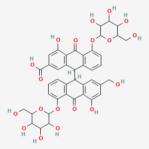 molecular formula C42H40O19 B7888180 4-hydroxy-9-[4-hydroxy-2-(hydroxymethyl)-10-oxo-5-[3,4,5-trihydroxy-6-(hydroxymethyl)oxan-2-yl]oxy-9H-anthracen-9-yl]-10-oxo-5-[3,4,5-trihydroxy-6-(hydroxymethyl)oxan-2-yl]oxy-9H-anthracene-2-carboxylic acid 