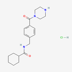 molecular formula C19H28ClN3O2 B7896467 N-[[4-(piperazine-1-carbonyl)phenyl]methyl]cyclohexanecarboxamide;hydrochloride 