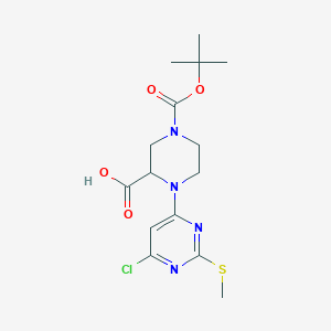 molecular formula C15H21ClN4O4S B7897601 4-(tert-Butoxycarbonyl)-1-(6-chloro-2-(methylthio)pyrimidin-4-yl)piperazine-2-carboxylic acid 
