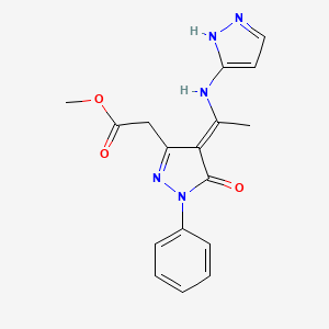 methyl 2-[(4E)-5-oxo-1-phenyl-4-[1-(1H-pyrazol-5-ylamino)ethylidene]pyrazol-3-yl]acetate