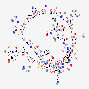 molecular formula C176H277N57O55S7 B7910720 3-hydroxy-2-[[3-(4-hydroxyphenyl)-2-[[42,62,75,78-tetrakis(4-aminobutyl)-50-[[2-[[2-[[4-amino-2-[[3-hydroxy-2-[[2-[(5-oxopyrrolidine-2-carbonyl)amino]-3-phenylpropanoyl]amino]butanoyl]amino]-4-oxobutanoyl]amino]-3-methylbutanoyl]amino]-3-hydroxypropanoyl]amino]-27,81-bis(2-amino-2-oxoethyl)-15-(3-amino-3-oxopropyl)-4,18,36-tris(3-carbamimidamidopropyl)-65-(2-carboxyethyl)-30,53,56-tris(1-hydroxyethyl)-33,59,92-tris(hydroxymethyl)-24-(1H-imidazol-4-ylmethyl)-89-(1H-indol-3-ylmethyl)-21-(2-methylpropyl)-84-(2-methylsulfanylethyl)-2,5,13,16,19,22,25,28,31,34,37,40,43,51,54,57,60,63,66,74,77,80,83,86,87,90,93,96-octacosaoxo-95-propan-2-yl-9,10,47,48,70,71-hexathia-3,6,14,17,20,23,26,29,32,35,38,41,44,52,55,58,61,64,67,73,76,79,82,85,88,91,94,97-octacosazatricyclo[43.27.14.1112,68]heptanonacontane-7-carbonyl]amino]propanoyl]amino]propanoic acid 