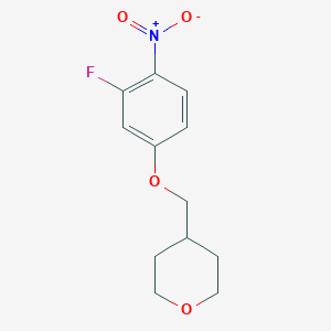 molecular formula C12H14FNO4 B7938165 4-((3-Fluoro-4-nitrophenoxy)methyl)tetrahydro-2H-pyran 
