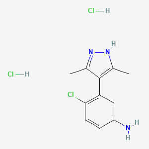 molecular formula C11H14Cl3N3 B7950603 4-Chloro-3-(3,5-dimethyl-1H-pyrazol-4-yl)aniline;dihydrochloride 