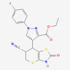 molecular formula C19H15FN4O3S2 B7950872 Ethyl 4-(6-cyano-2-oxo-3,5,6,7-tetrahydrothiopyrano[2,3-d][1,3]thiazol-7-yl)-1-(4-fluorophenyl)pyrazole-3-carboxylate 