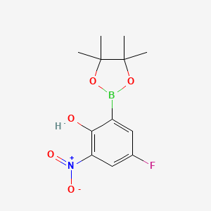 molecular formula C12H15BFNO5 B7952645 4-Fluoro-2-nitro-6-(tetramethyl-1,3,2-dioxaborolan-2-yl)phenol 