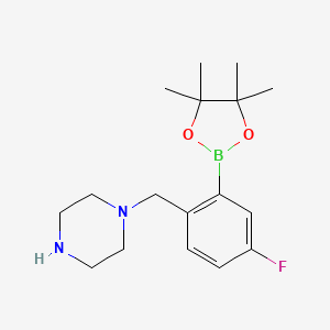molecular formula C17H26BFN2O2 B7953343 1-{[4-Fluoro-2-(tetramethyl-1,3,2-dioxaborolan-2-yl)phenyl]methyl}piperazine 