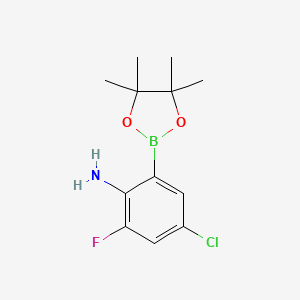 molecular formula C12H16BClFNO2 B7953914 4-Chloro-2-fluoro-6-(tetramethyl-1,3,2-dioxaborolan-2-yl)aniline 