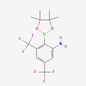 molecular formula C14H16BF6NO2 B7955356 2-(Tetramethyl-1,3,2-dioxaborolan-2-yl)-3,5-bis(trifluoromethyl)aniline 