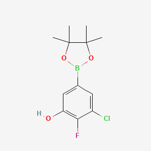 molecular formula C12H15BClFO3 B7956466 3-Chloro-2-fluoro-5-(tetramethyl-1,3,2-dioxaborolan-2-yl)phenol 