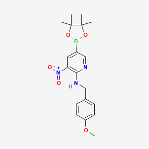 molecular formula C19H24BN3O5 B7956933 N-[(4-Methoxyphenyl)methyl]-3-nitro-5-(tetramethyl-1,3,2-dioxaborolan-2-yl)pyridin-2-amine 