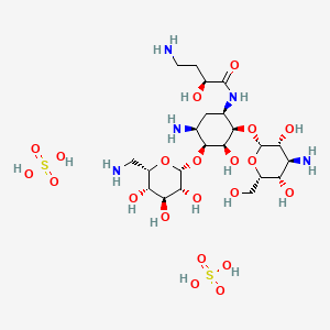 molecular formula C22H47N5O21S2 B7963255 (2S)-4-amino-N-[(1R,2R,3S,4S,5S)-5-amino-2-[(2S,3R,4S,5S,6S)-4-amino-3,5-dihydroxy-6-(hydroxymethyl)oxan-2-yl]oxy-4-[(2R,3R,4S,5S,6S)-6-(aminomethyl)-3,4,5-trihydroxyoxan-2-yl]oxy-3-hydroxycyclohexyl]-2-hydroxybutanamide;sulfuric acid 