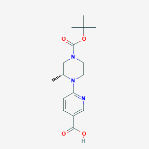 molecular formula C16H23N3O4 B7980320 (R)-6-(4-(tert-Butoxycarbonyl)-2-methylpiperazin-1-yl)nicotinic acid 