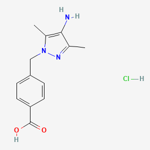 molecular formula C13H16ClN3O2 B7982495 4-[(4-Amino-3,5-dimethyl-1H-pyrazol-1-yl)methyl]benzoic acid hydrochloride 