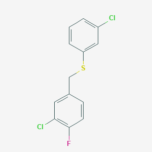 molecular formula C13H9Cl2FS B7989616 1-Chloro-2-fluoro-5-[(3-chlorophenyl)sulfanylmethyl]benzene 