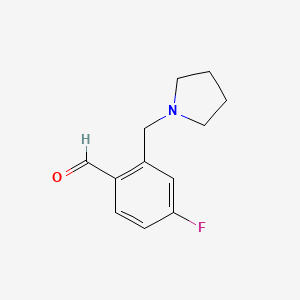 molecular formula C12H14FNO B7989694 4-Fluoro-2-(pyrrolidin-1-ylmethyl)benzaldehyde 
