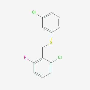 molecular formula C13H9Cl2FS B7995195 1-Chloro-3-fluoro-2-[(3-chlorophenyl)sulfanylmethyl]benzene 