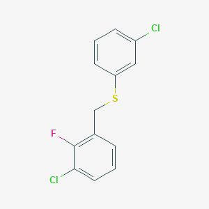 molecular formula C13H9Cl2FS B7997771 1-Chloro-2-fluoro-3-[(3-chlorophenyl)sulfanylmethyl]benzene 