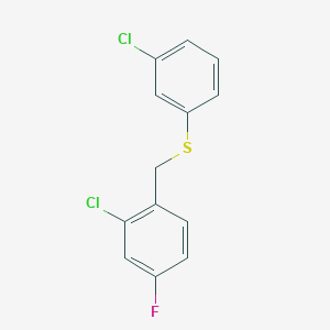 molecular formula C13H9Cl2FS B7998102 1-Chloro-3-fluoro-6-[(3-chlorophenyl)sulfanylmethyl]benzene 