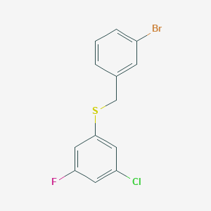 molecular formula C13H9BrClFS B8001313 1-Bromo-3-[(3-chloro-5-fluorophenyl)sulfanylmethyl]benzene 