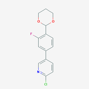 molecular formula C15H13ClFNO2 B8003990 5-(4-(1,3-Dioxan-2-yl)-3-fluorophenyl)-2-chloropyridine 