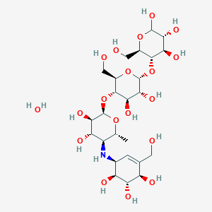 molecular formula C25H45NO19 B8004199 (3R,4R,5S,6R)-5-(((2R,3R,4R,5S,6R)-5-(((2R,3R,4S,5S,6R)-3,4-二羟基-6-甲基-5-(((1S,4R,5S,6S)-4,5,6-三羟基-3-(羟甲基)环己-2-烯-1-基)氨基)四氢-2H-吡喃-2-基)氧基)-3,4-二羟基-6-(羟甲基)四氢-2H-吡喃-2-基)氧基)-6-(羟甲基)四氢-2H-吡喃-2,3,4-三醇水合物 