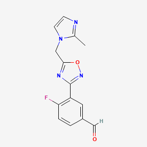molecular formula C14H11FN4O2 B8004888 4-fluoro-3-(5-((2-methyl-1H-imidazol-1-yl)methyl)-1,2,4-oxadiazol-3-yl)benzaldehyde 