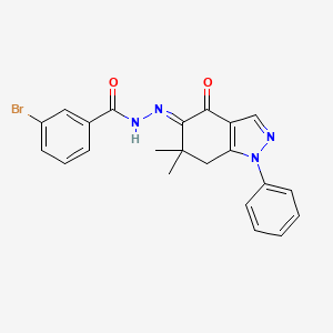 3-bromo-N-[(E)-(6,6-dimethyl-4-oxo-1-phenyl-7H-indazol-5-ylidene)amino]benzamide