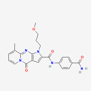 molecular formula C23H23N5O4 B8008170 N-(4-carbamoylphenyl)-6-(3-methoxypropyl)-10-methyl-2-oxo-1,6,8-triazatricyclo[7.4.0.03,7]trideca-3(7),4,8,10,12-pentaene-5-carboxamide 