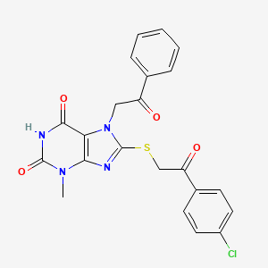 molecular formula C22H17ClN4O4S B8010477 8-[2-(4-Chlorophenyl)-2-oxoethyl]sulfanyl-3-methyl-7-phenacylpurine-2,6-dione 