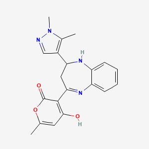 molecular formula C20H20N4O3 B8010516 3-[2-(1,5-dimethylpyrazol-4-yl)-2,3-dihydro-1H-1,5-benzodiazepin-4-yl]-4-hydroxy-6-methylpyran-2-one 