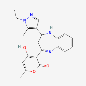 molecular formula C21H22N4O3 B8010533 3-[2-(1-ethyl-5-methylpyrazol-4-yl)-2,3-dihydro-1H-1,5-benzodiazepin-4-yl]-4-hydroxy-6-methylpyran-2-one 