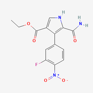 molecular formula C14H12FN3O5 B8016541 ethyl 5-carbamoyl-4-(3-fluoro-4-nitrophenyl)-1H-pyrrole-3-carboxylate 