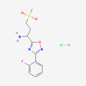 molecular formula C12H15ClFN3O3S B8018084 1-(3-(2-Fluorophenyl)-1,2,4-oxadiazol-5-yl)-3-(methylsulfonyl)propan-1-amine hydrochloride 