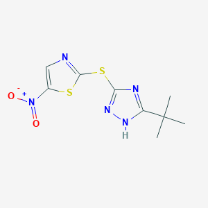 molecular formula C9H11N5O2S2 B8018668 2-[(5-tert-butyl-1H-1,2,4-triazol-3-yl)sulfanyl]-5-nitro-1,3-thiazole 