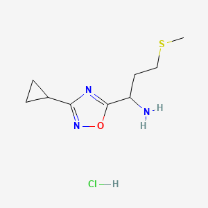 molecular formula C9H16ClN3OS B8019731 1-(3-Cyclopropyl-1,2,4-oxadiazol-5-yl)-3-(methylthio)propan-1-amine hydrochloride 