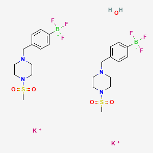 molecular formula C24H36B2F6K2N4O5S2 B8020362 Potassium 4-((4-(Methylsulfonyl)piperazin-1-yl)methyl)phenyltrifluoroborate hemihydrate 