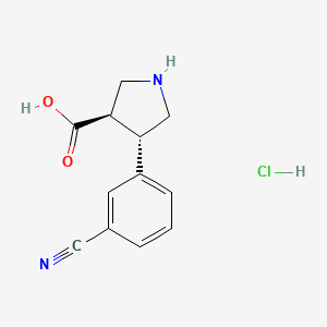 molecular formula C12H13ClN2O2 B8020545 (+/-)-trans-4-(3-Cyanophenyl)pyrrolidine-3-carboxylic acid hydrochloride 