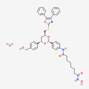 molecular formula C41H45N3O8S B8022538 N-[4-[(2R,4R,6S)-4-[(4,5-diphenyl-1,3-oxazol-2-yl)sulfanylmethyl]-6-[4-(hydroxymethyl)phenyl]-1,3-dioxan-2-yl]phenyl]-N'-hydroxyoctanediamide;hydrate 