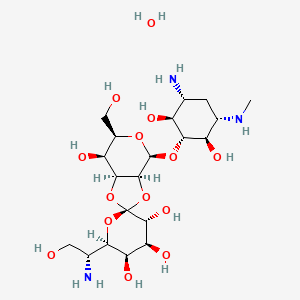 molecular formula C20H39N3O14 B8022572 (2S,3'R,3aS,4S,4'S,5'R,6R,6'R,7S,7aS)-4-[(1R,2S,3R,5S,6R)-3-amino-2,6-dihydroxy-5-(methylamino)cyclohexyl]oxy-6'-[(1R)-1-amino-2-hydroxyethyl]-6-(hydroxymethyl)spiro[4,6,7,7a-tetrahydro-3aH-[1,3]dioxolo[4,5-c]pyran-2,2'-oxane]-3',4',5',7-tetrol;hydrate 