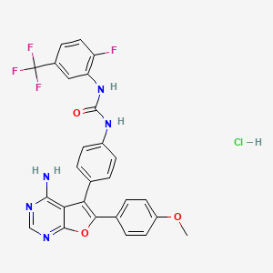 molecular formula C27H20ClF4N5O3 B8023619 1-[4-[4-Amino-6-(4-methoxyphenyl)furo[2,3-d]pyrimidin-5-yl]phenyl]-3-[2-fluoro-5-(trifluoromethyl)phenyl]urea;hydrochloride 
